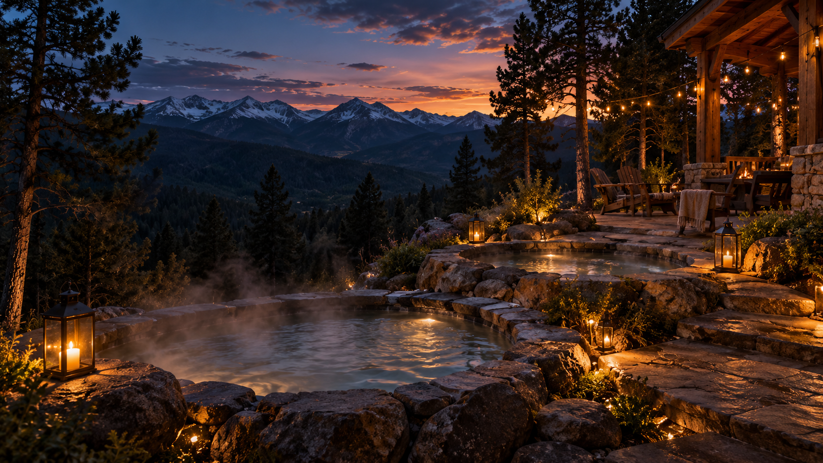 Concept rendering of a mountain hot tub area at sunset with string lights and wooden chairs.