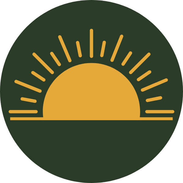 Stylized sun symbol with rays extending outward in yellow on a dark green circular background.