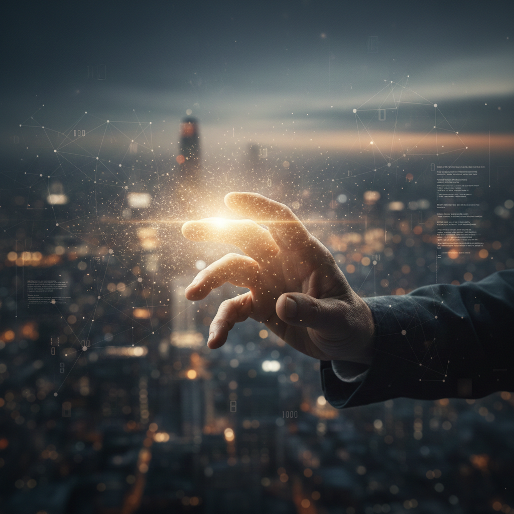 City hand reaching out into the permaweb through the blockchain