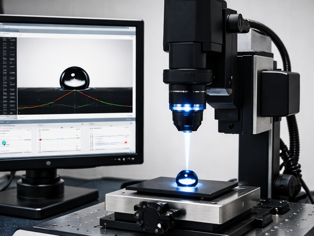 A scientist or researcher conducting a laser or optical experiment with a microscope and computer.