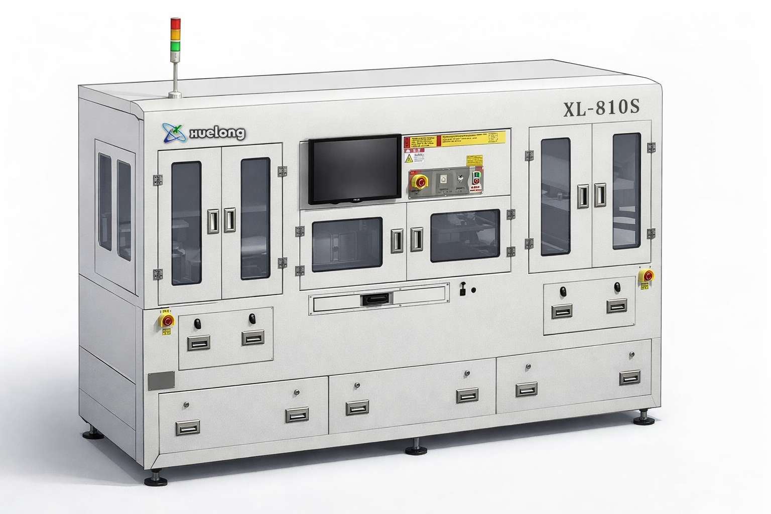 Industrial machine with multiple control panels and a display screen, labeled 'Huelong' and 'XL-810S', with a multicolored signal light on top.
