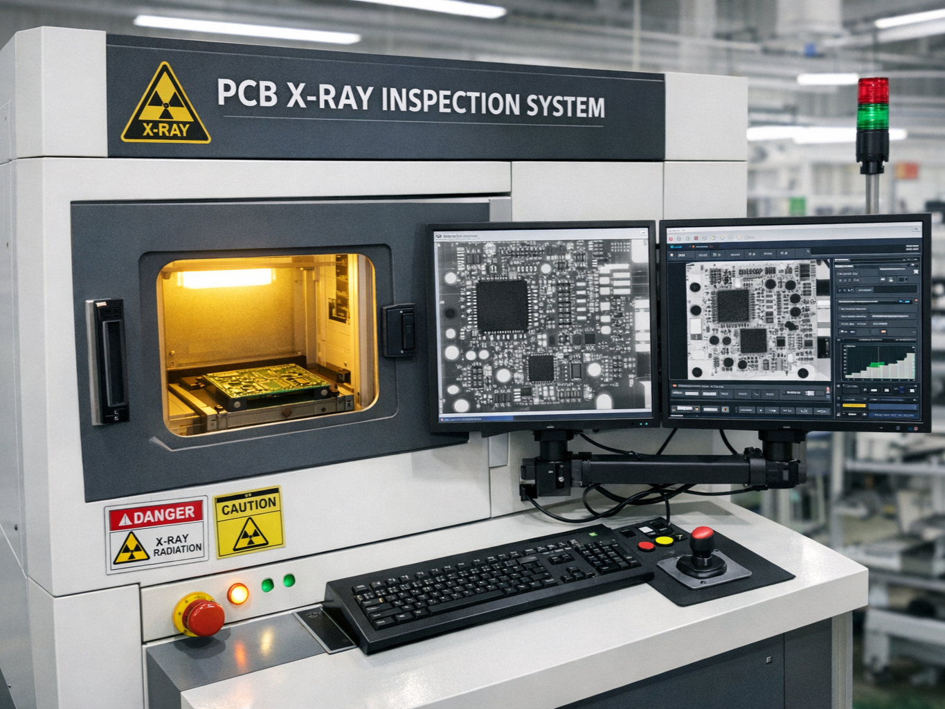 PCB X-ray inspection system in a manufacturing setting showing monitors displaying circuit board images, a keyboard, and control panels.