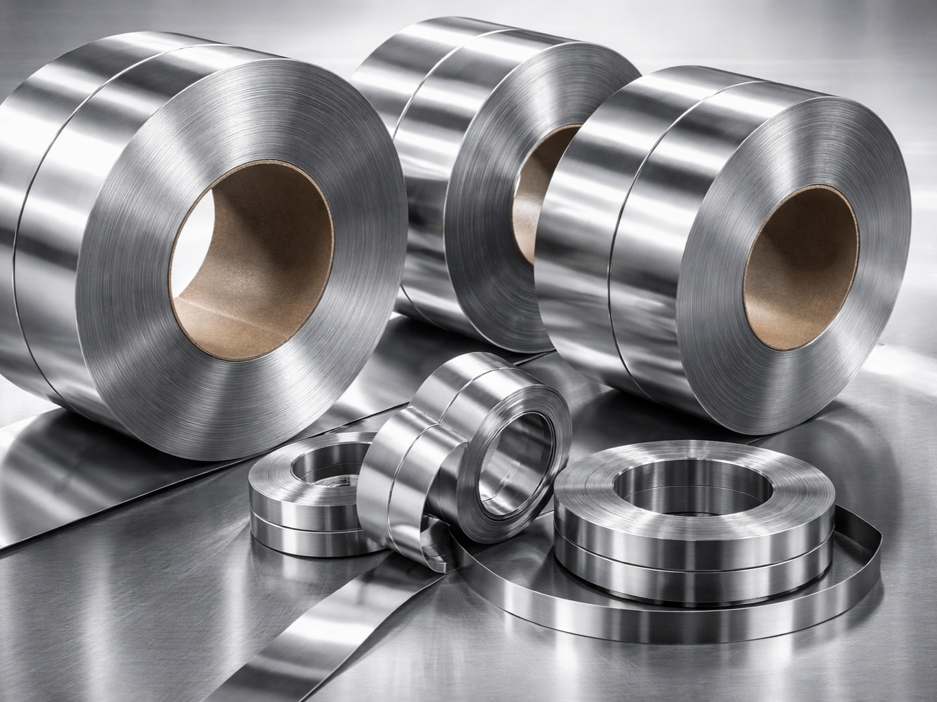 Assorted rolls of metallic tape on a reflective surface.