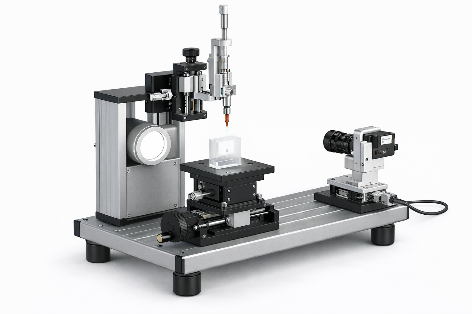 Experimental setup with a precision stage, a microscope, and a probe on a metallic table, used for microscopic or nanotechnological measurements.