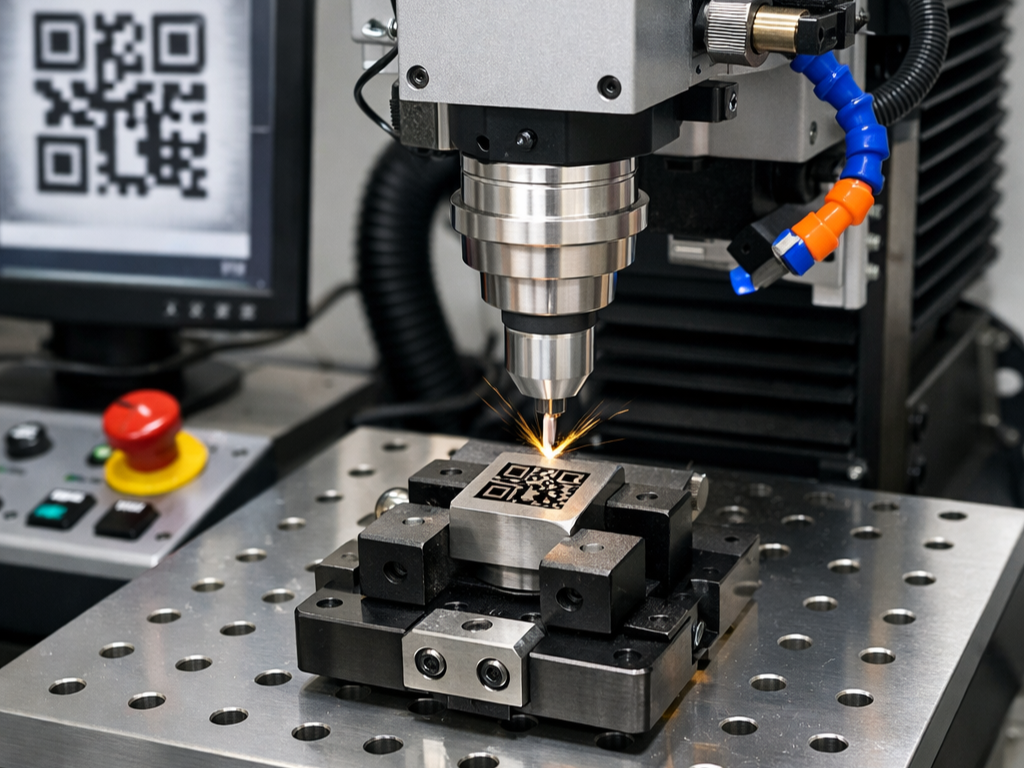 A CNC machine engraving a QR code onto a metal surface in a manufacturing setting.