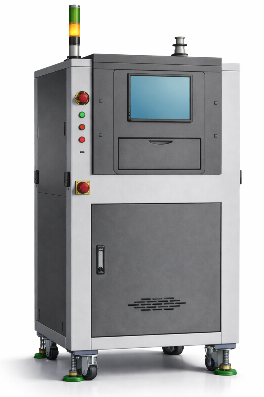 Industrial machine with a touch screen, control buttons, and warning lights, mounted on caster wheels.