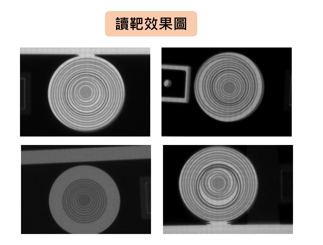 Four black and white images showing different circular target patterns with concentric rings, demonstrating visual test effects.