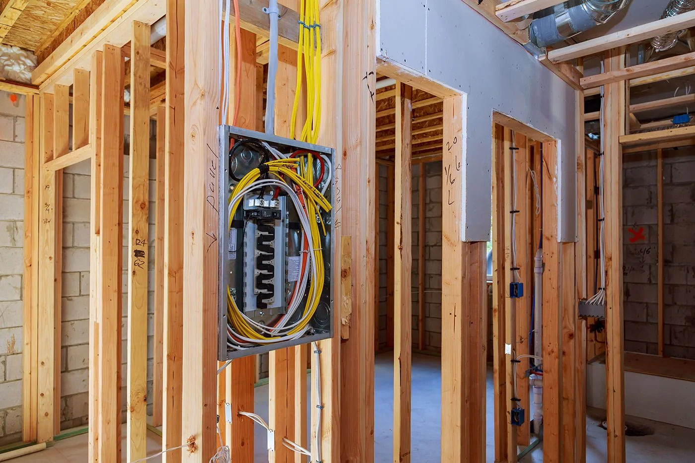 Interior view of a building under construction showing wooden framing and electrical wiring, including a metal electrical panel with yellow cables.