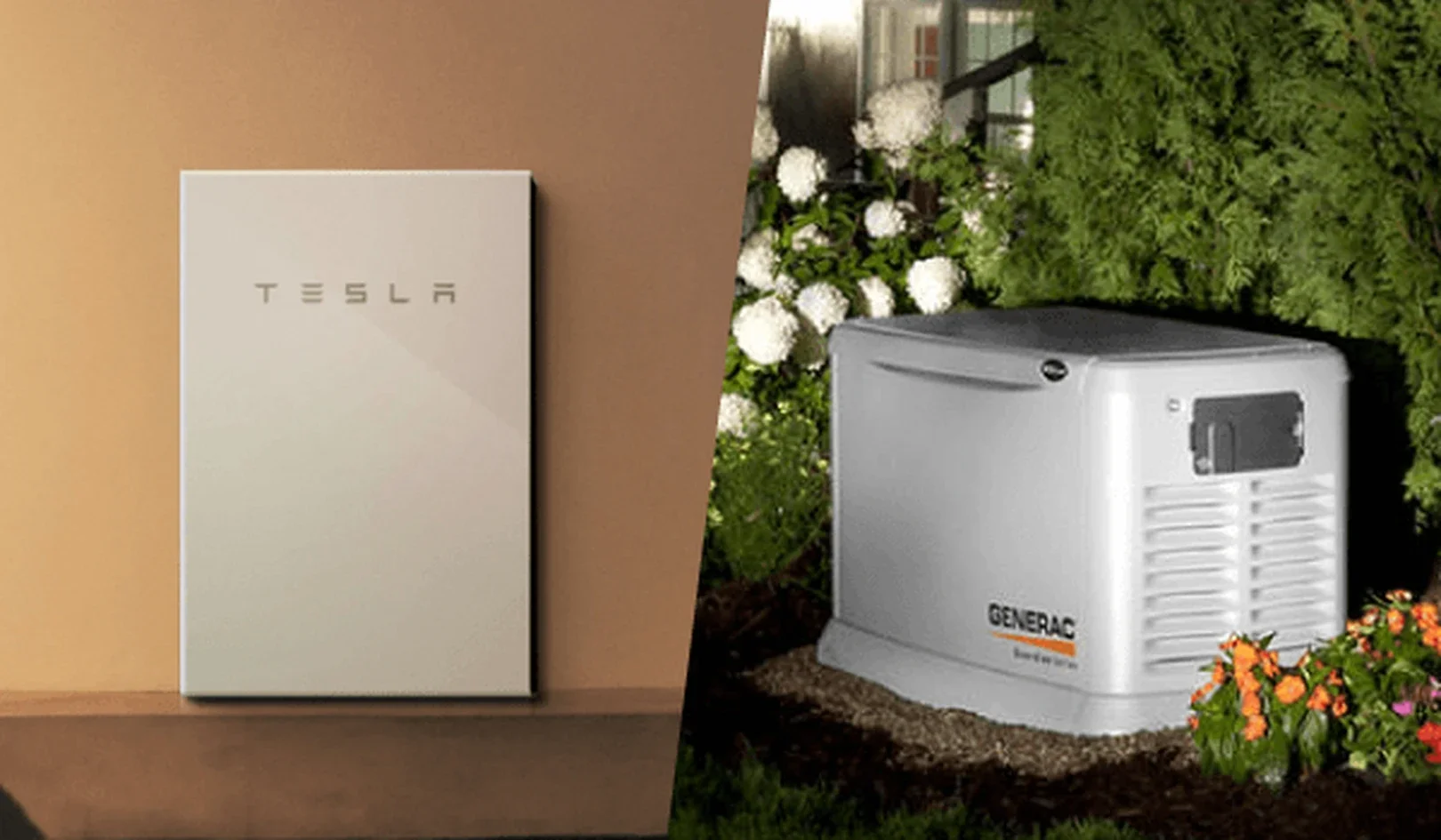 Left side shows a white Tesla power wall mounted on a beige wall, right side shows a white Generac generator outside with green bushes and white flowers in the background.