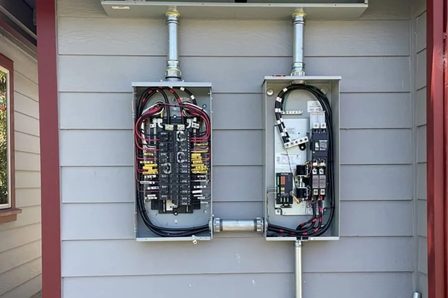 Open electrical panels mounted on an exterior wall, showing wiring and circuit breakers.