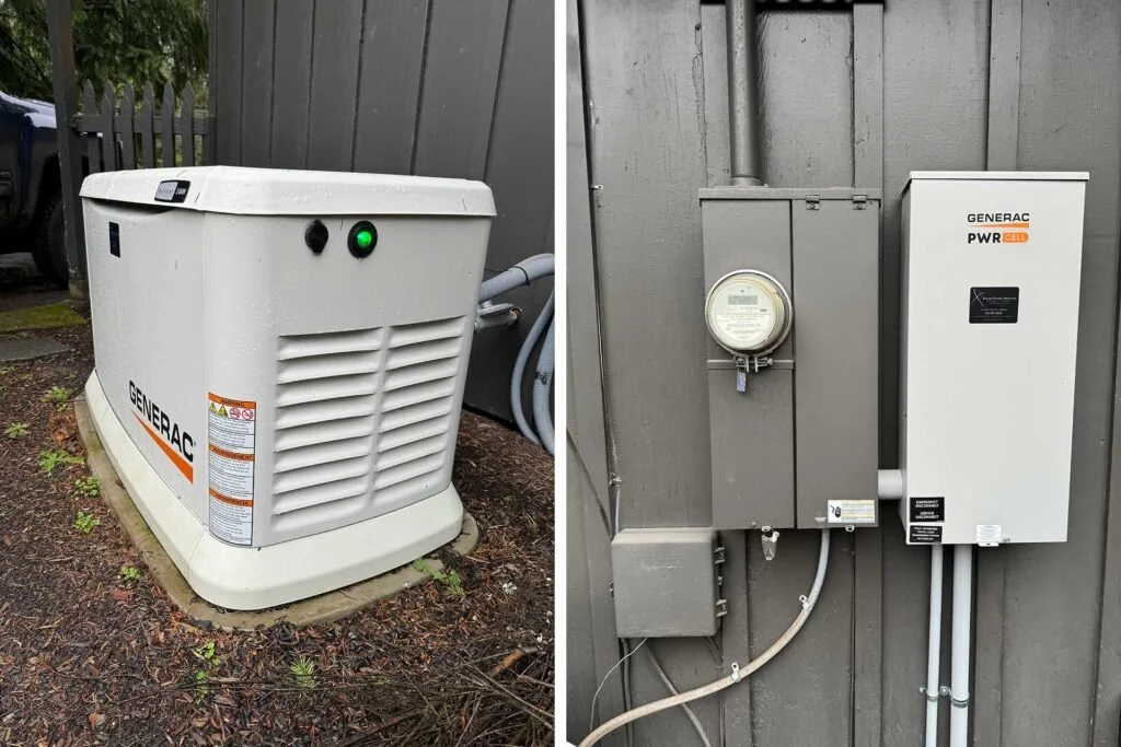 Outdoor generator unit with vent on left, and an electrical meter and breaker box mounted on a gray wooden wall on the right.