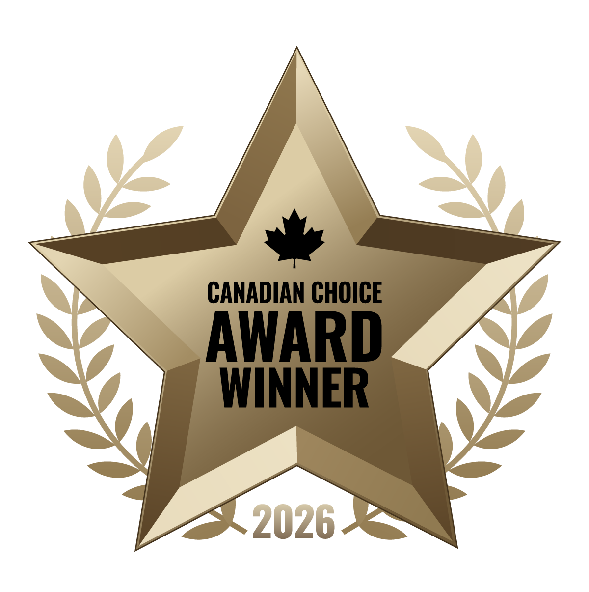 Gold star-shaped award with black text reading "Canadian Choice Award Winner" and a black maple leaf symbol at the top.