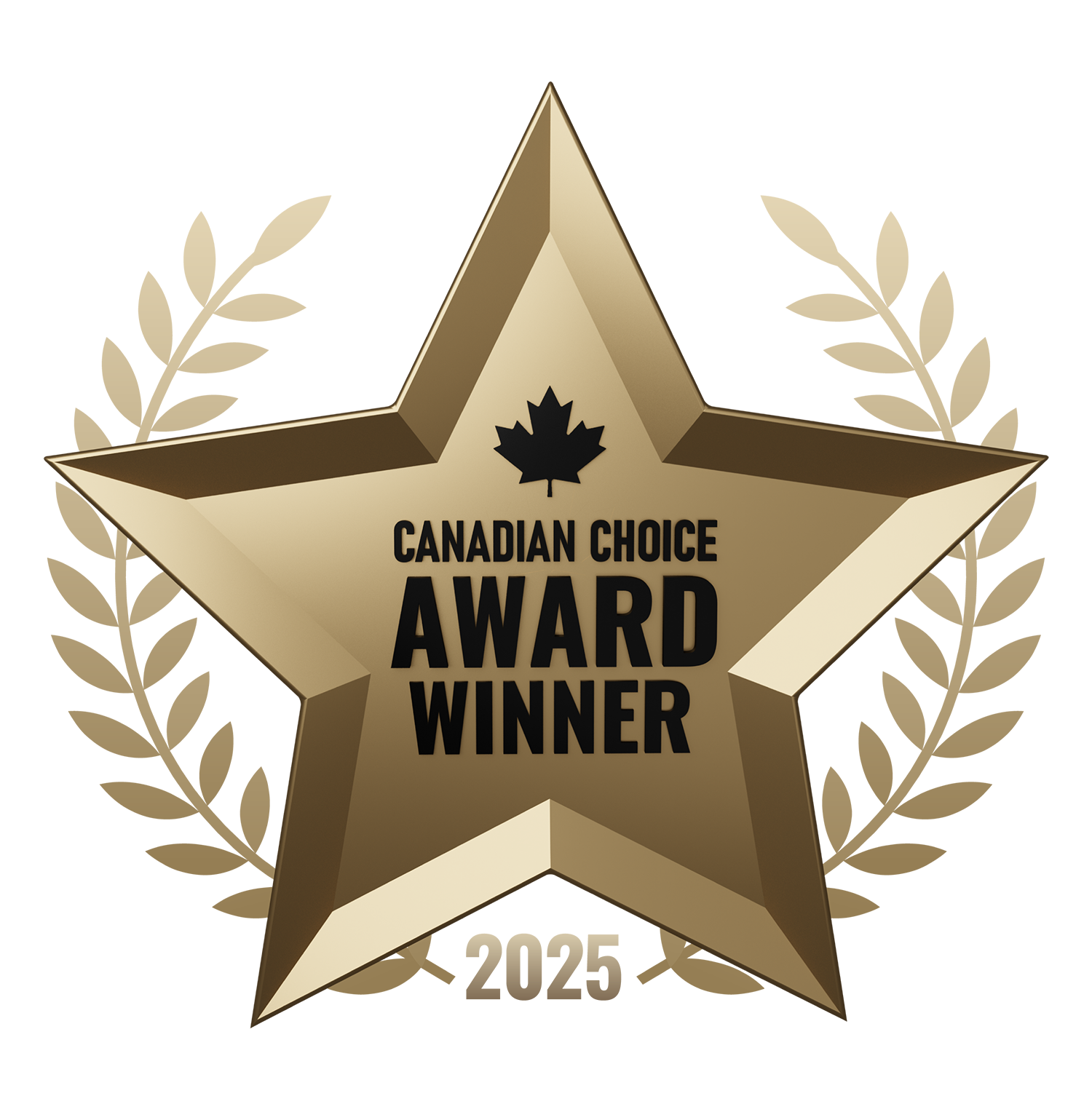 Gold star-shaped award with a black maple leaf symbol and the text 'Canadian Choice Award Winner' in black.