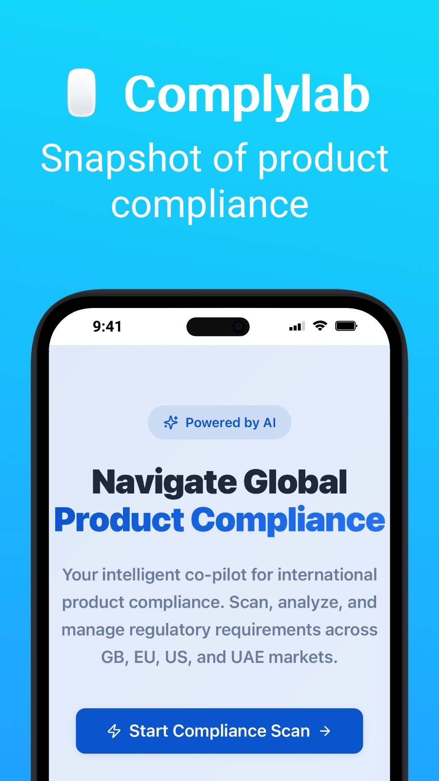 Complylab app interface on a smartphone with a blue gradient background. Text reads 'Snapshot of product compliance' and 'Navigate Global Product Compliance'