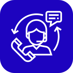 Icon depicting a person with a headset surrounded by arrows, a phone, and a chat bubble on a blue background, symbolizing customer support and communication.