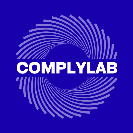 A geometric, purple spiral pattern encircles the bold blue word "COMPLYLAB" on a black background, conveying a modern and dynamic feel.