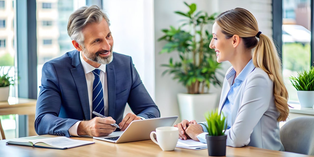 A man and woman in business attire sit at a table, smiling and talking. They're surrounded by plants and papers, creating a friendly office vibe.