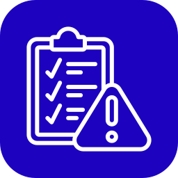 White checklist and warning icon on blue background, symbolizing task management and caution. Triangular alert sign adds urgency, conveying awareness