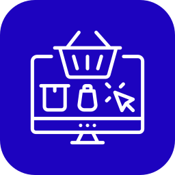 Icon depicting online shopping: a computer screen with shopping bags, a basket, and a cursor on a blue background, conveying e-commerce theme.