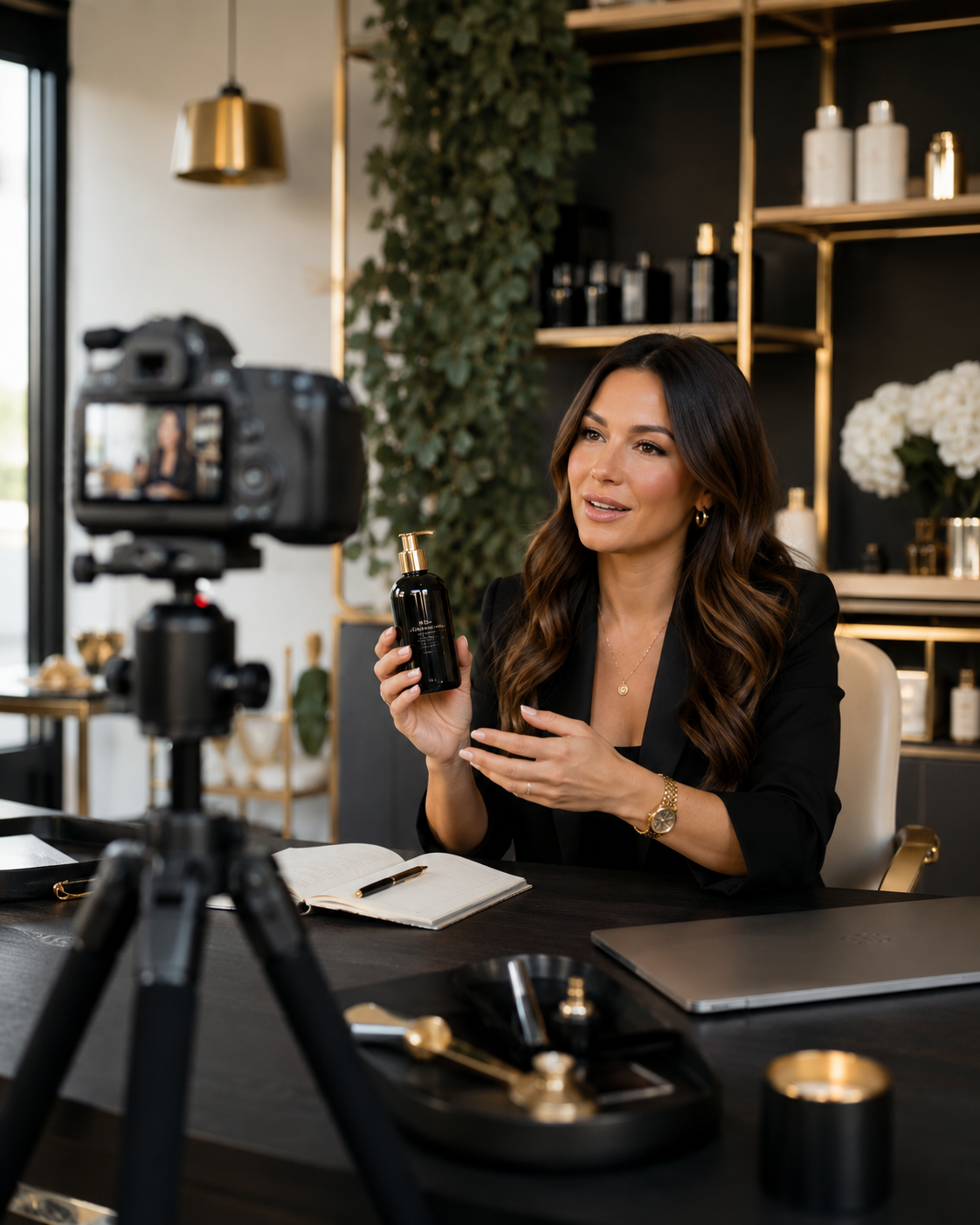 A woman in a black blazer is filming a beauty or skincare product review in a modern, stylish office or studio space. She is holding a black bottle with a gold pump, with a camera set up in front of her, and an open notebook and laptop on the table.