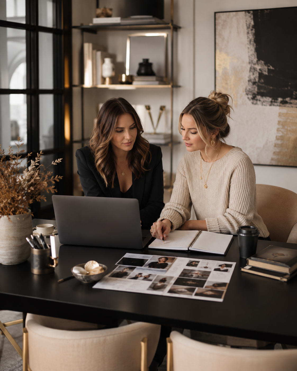 Two women sitting at a table looking at a laptop and photographs, with notebooks and coffee cups on the table, in a modern office or studio.