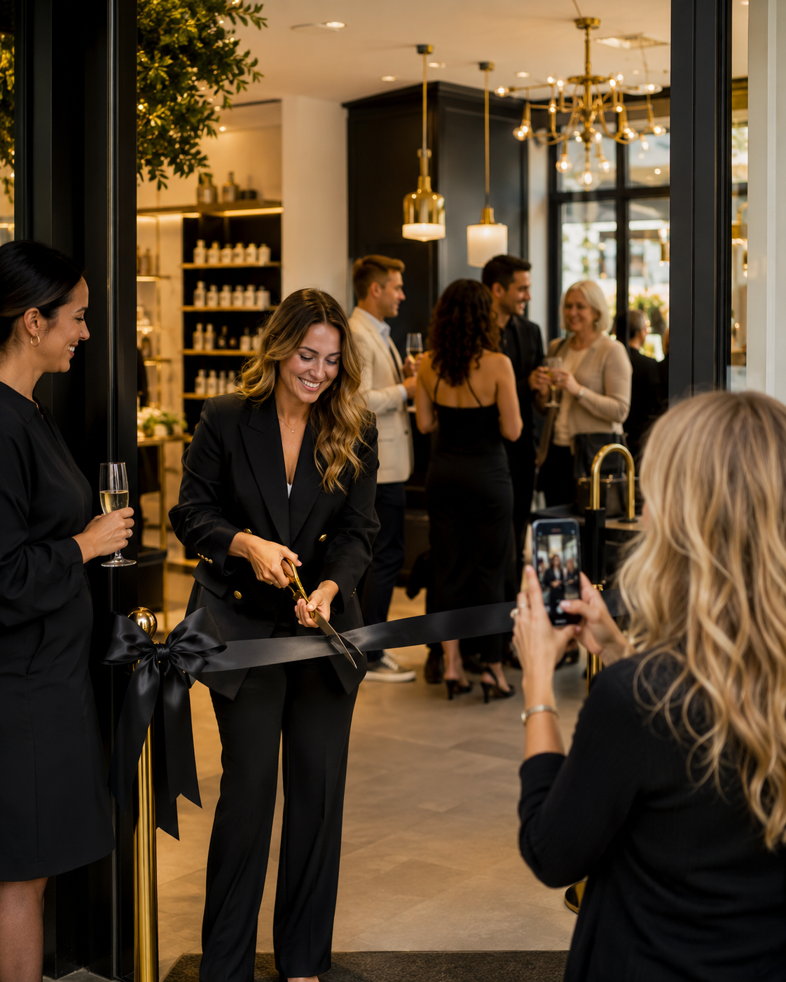 Woman cutting a ribbon at a celebration event in a modern, well-lit store with friends taking photos and holding drinks.