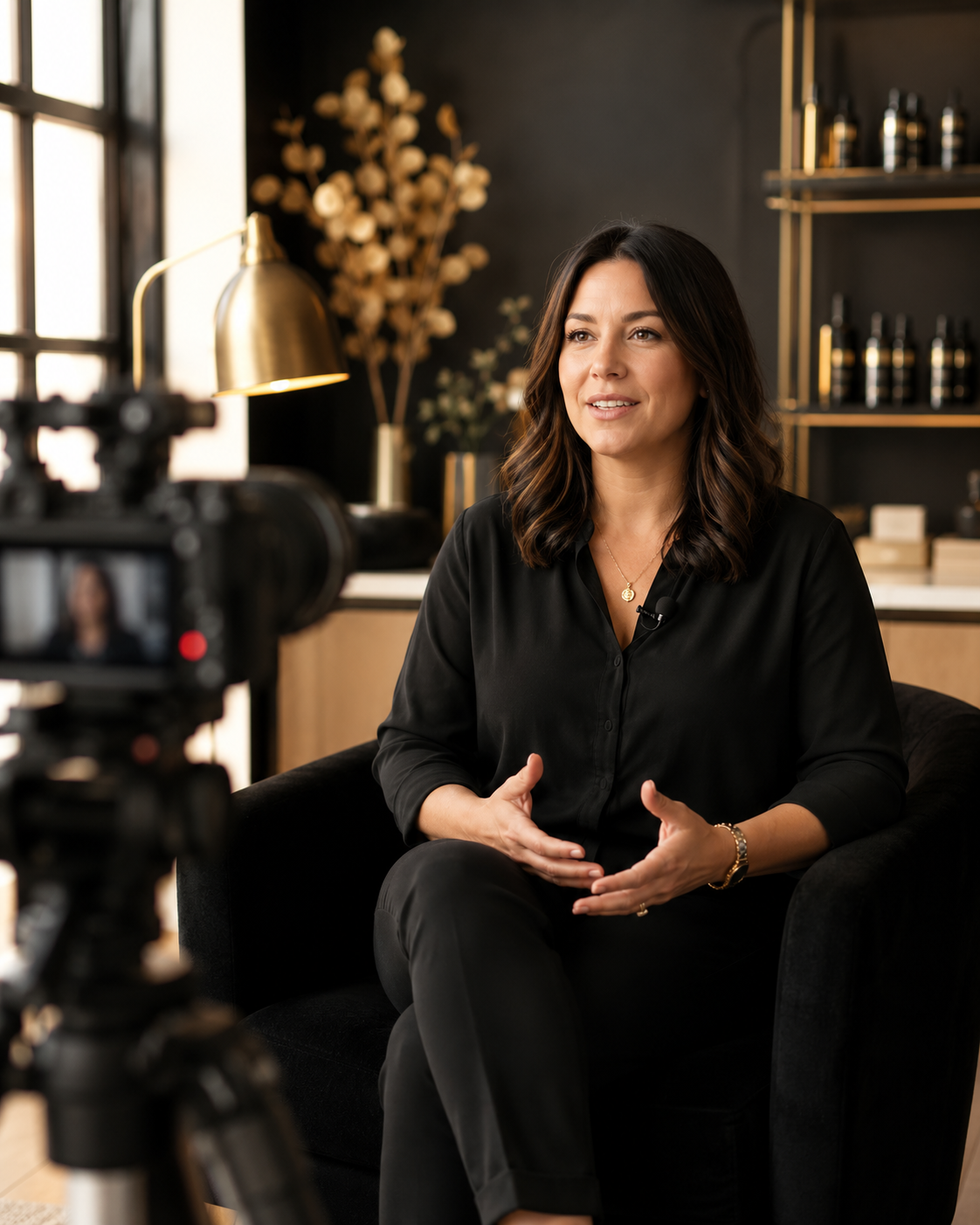 A woman being recorded in a studio or office setting, sitting on a black armchair, with a camera focused on her. She is gesturing with her hands while talking, wearing a black shirt and jewelry, with a dark background and gold accents.