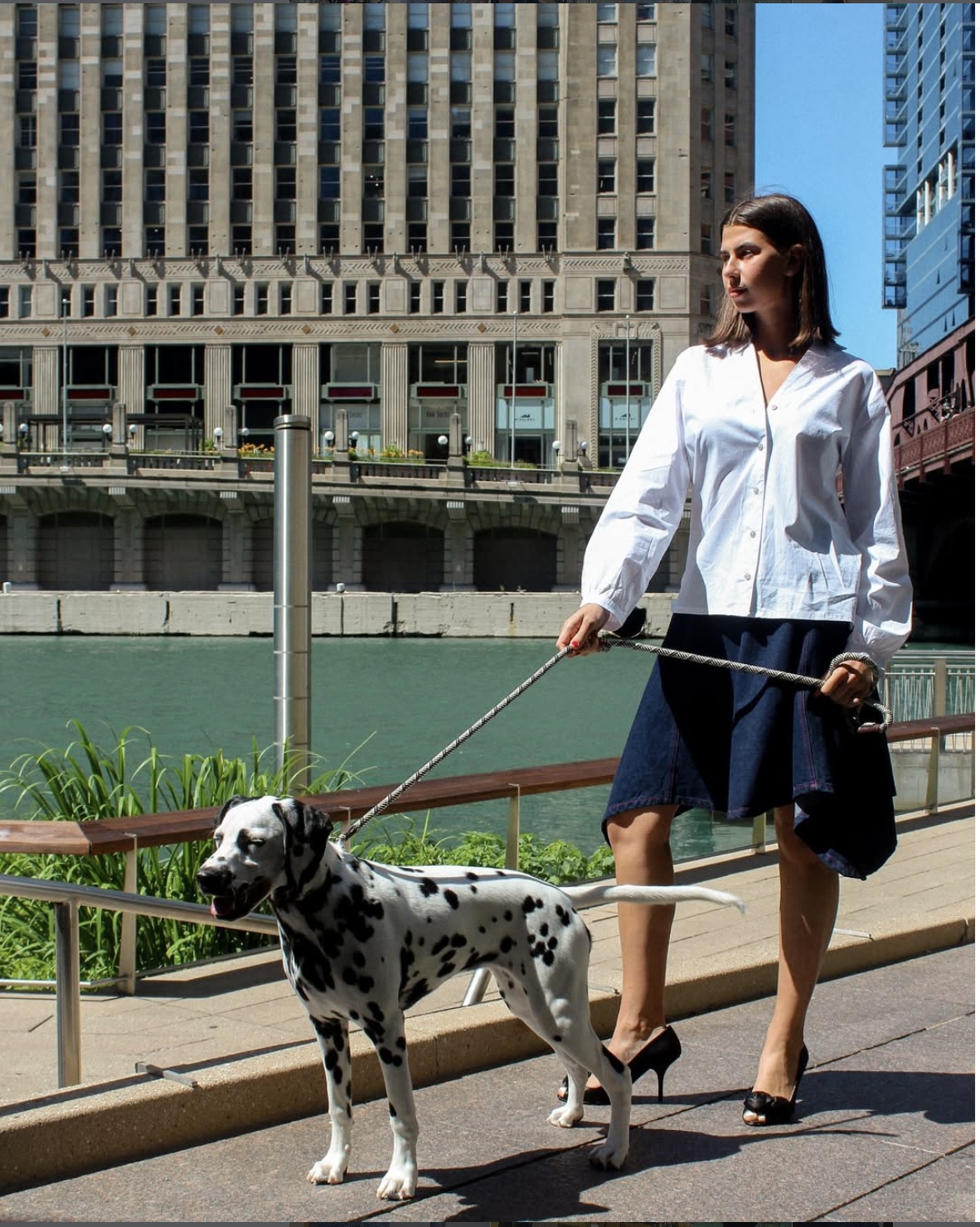 A woman in a white blouse and dark skirt walking a Dalmatian dog along a city sidewalk near a river. Tall buildings are visible in the background under a clear blue sky.