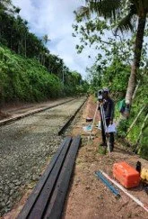 A person working on railroad tracks outdoors, with tools and equipment nearby, surrounded by greenery and trees.