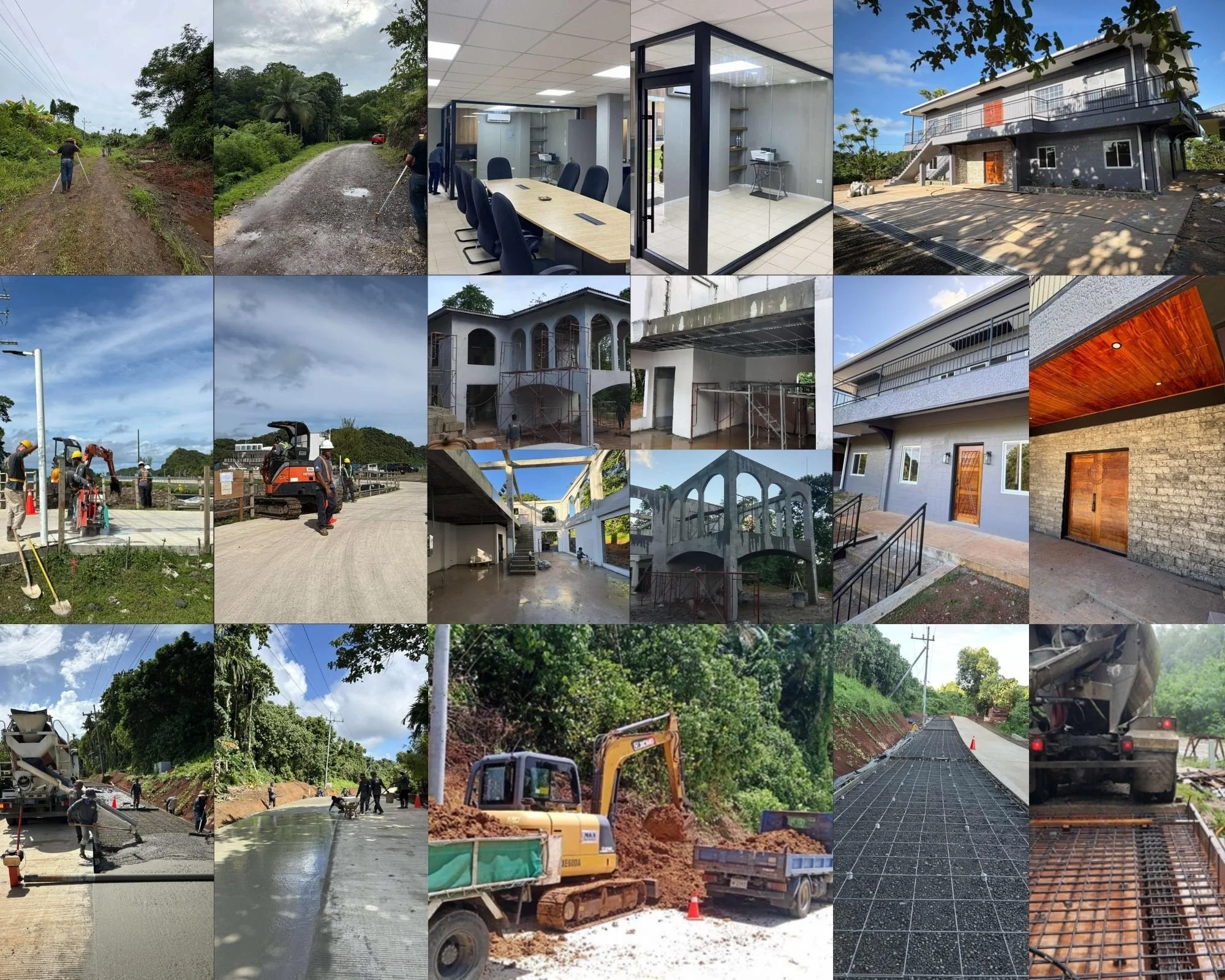 Construction site and building project images, including workers laying concrete, construction equipment, and newly built houses.