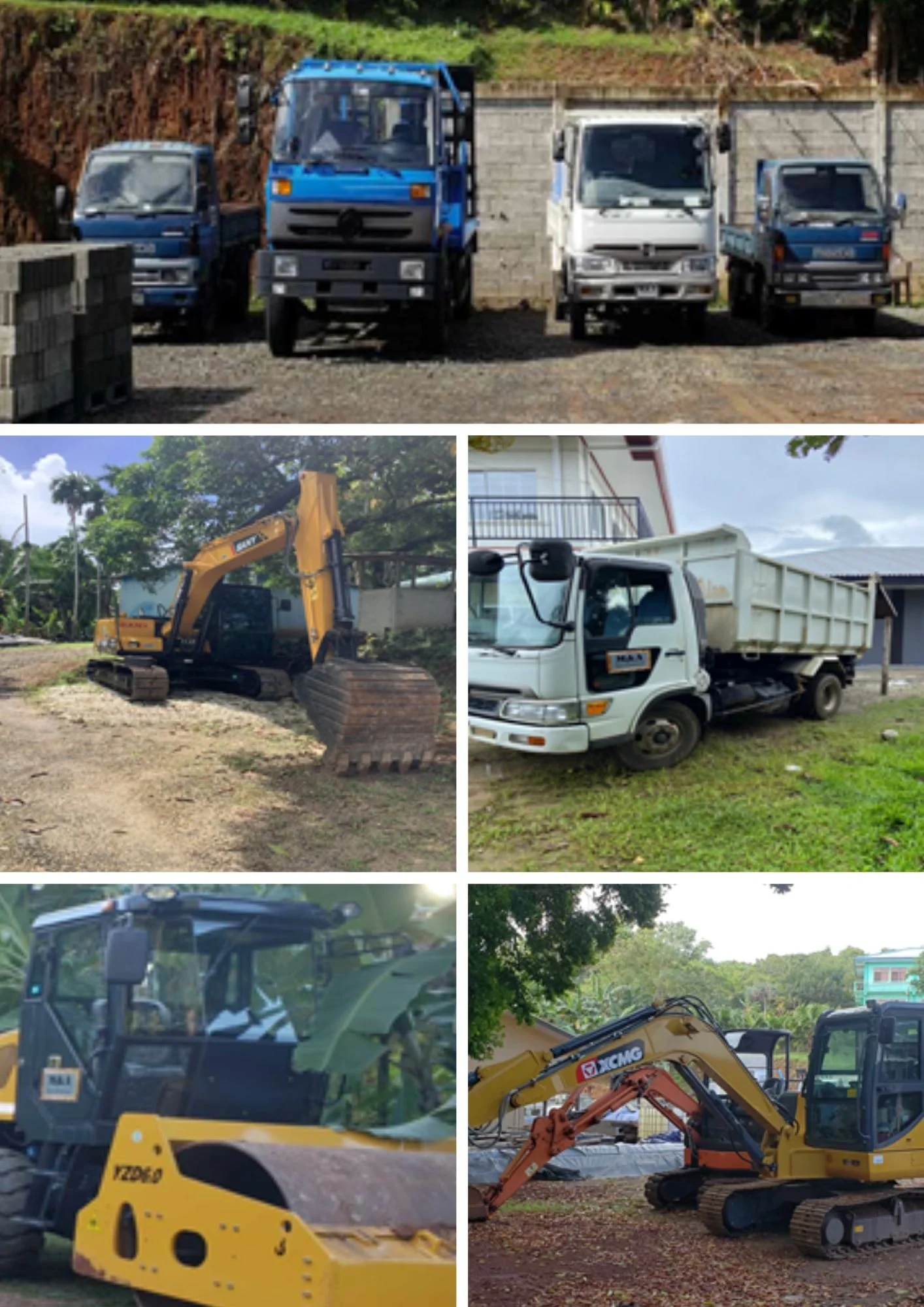 Collection of construction and industrial vehicles, including trucks, excavators, and other machinery, parked outdoors.