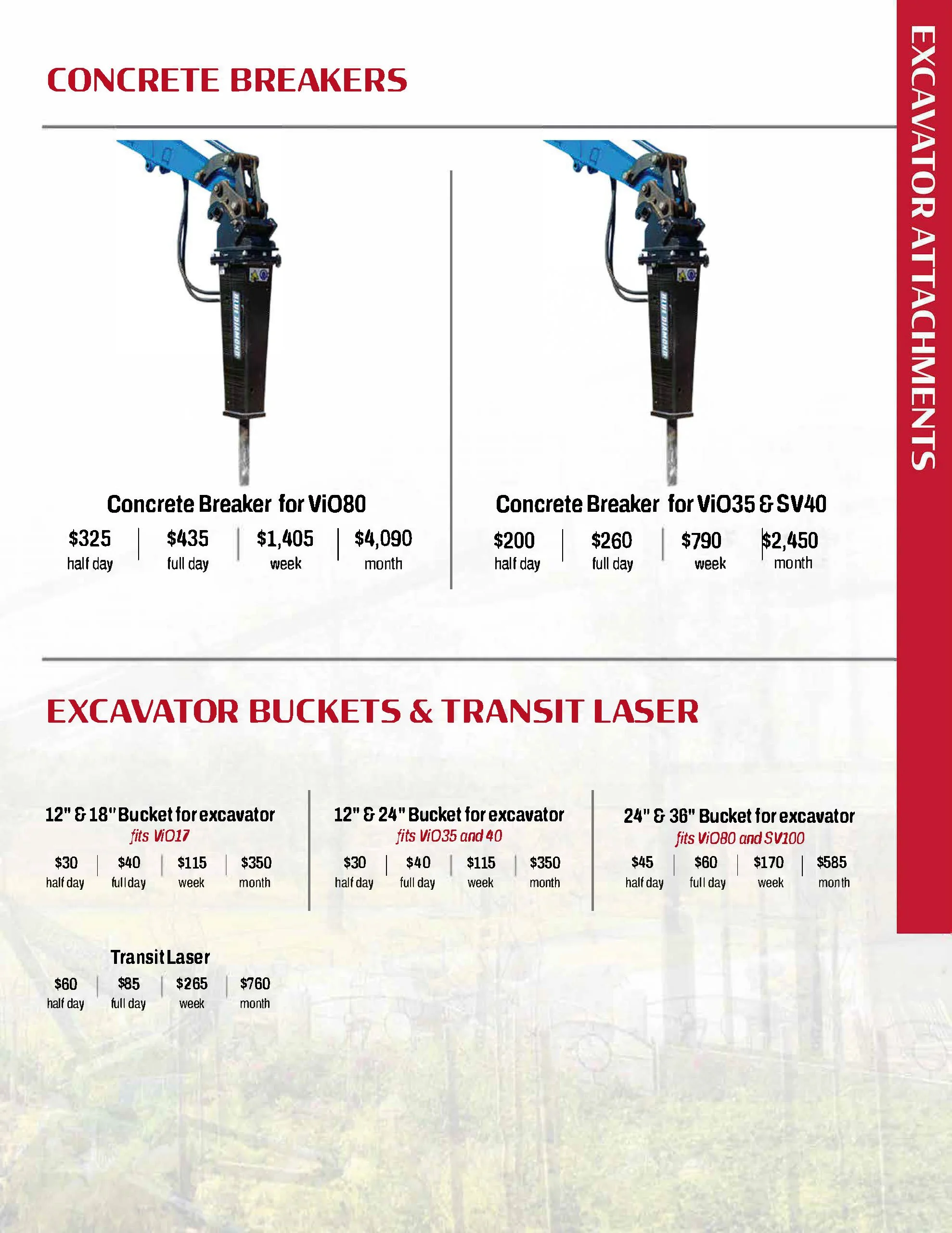 A flyer displaying prices for concrete breakers and excavator buckets & transit lasers. The concrete breakers are for different models, with prices listed for half day, full day, week, and month. The excavator buckets and transit laser are available 