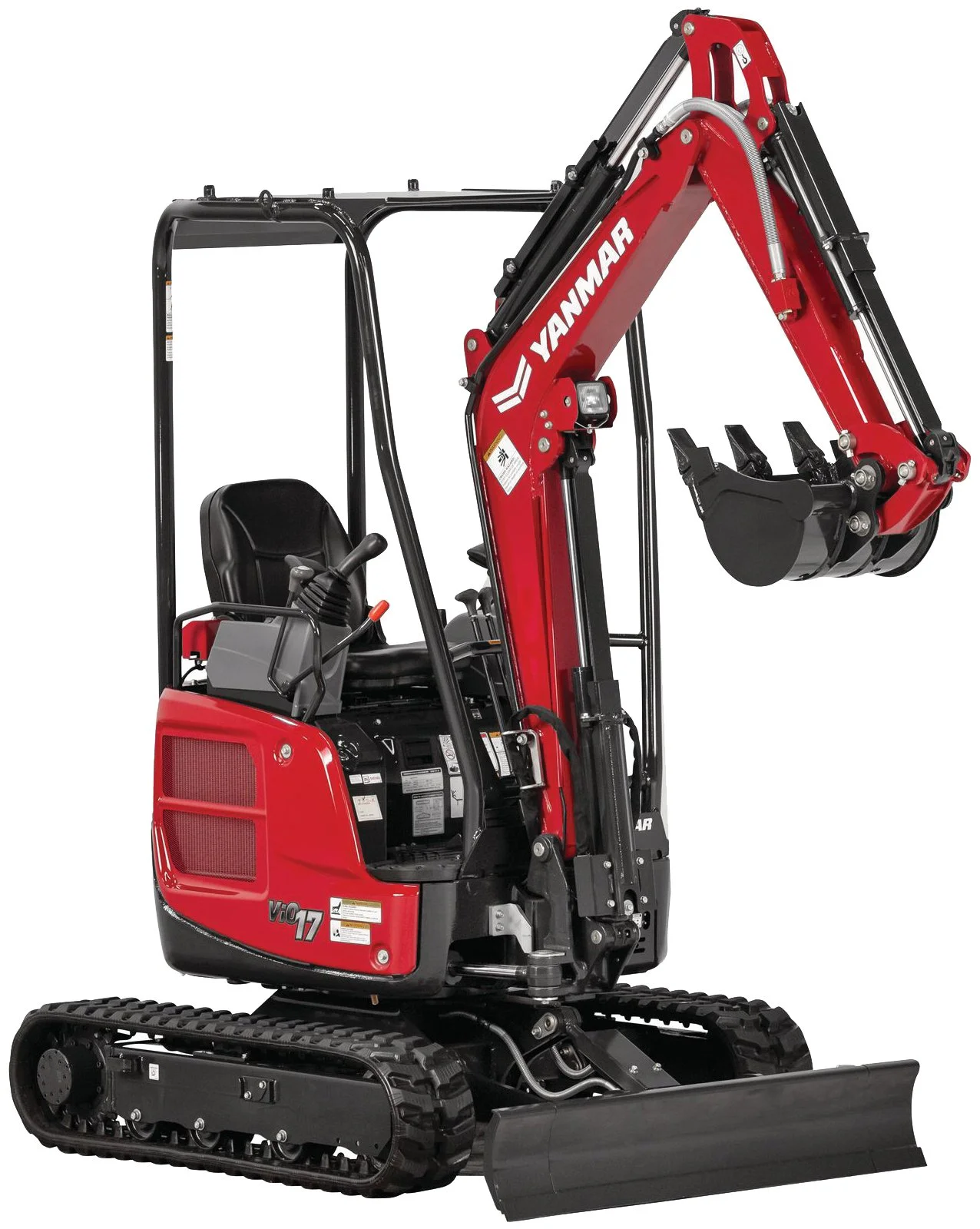 Red and black Yanmar compact excavator with tracked wheels and a digging bucket