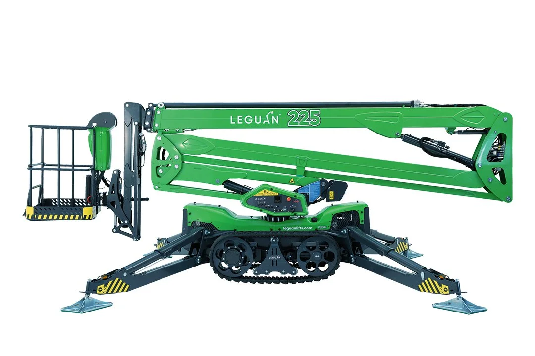 A green mobile elevating work platform with a basket at the end of an extendable arm, labeled 'LegaLift 225'.
