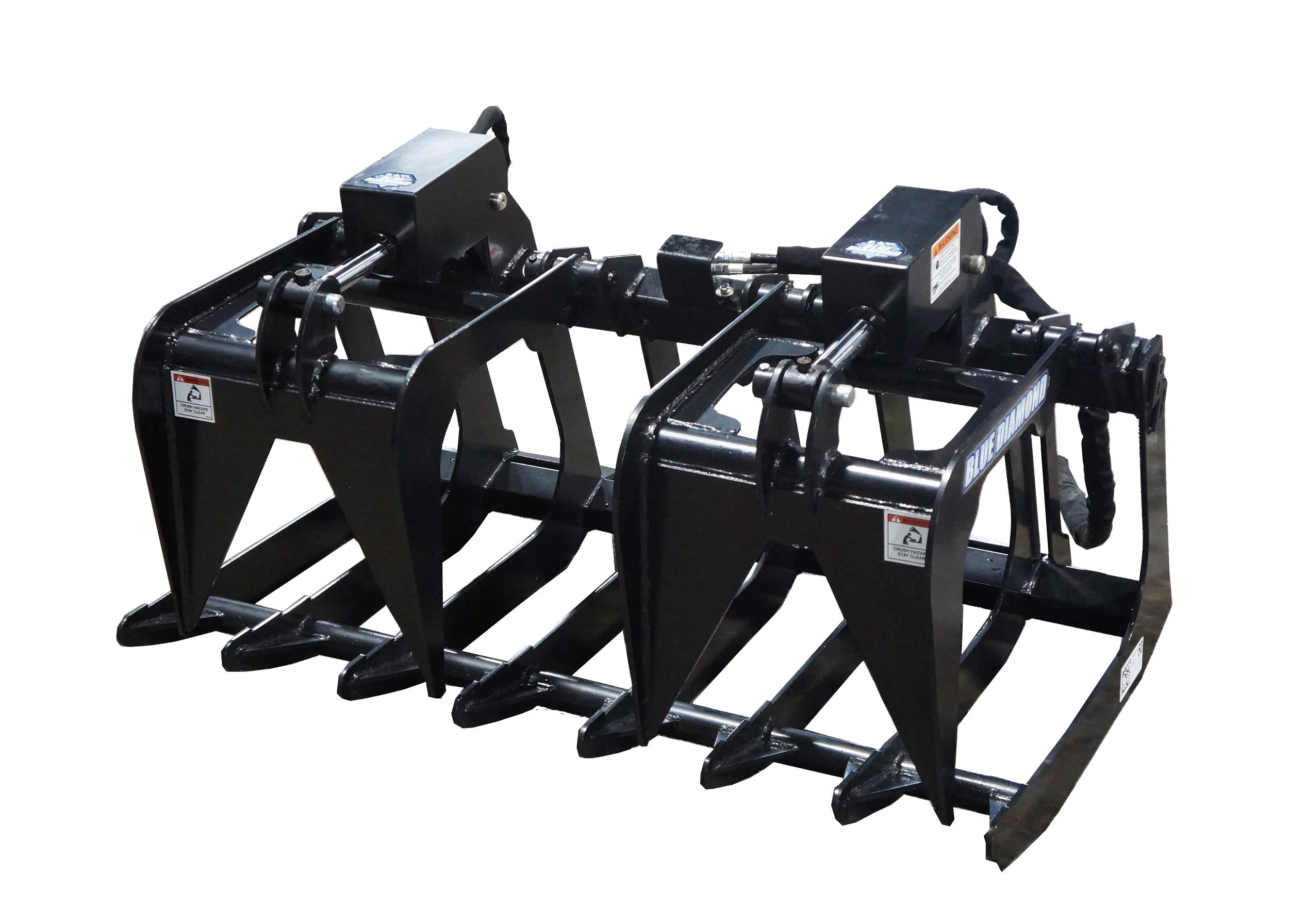Heavy-duty black grapple attachment for construction equipment with metal tines and hydraulic components.