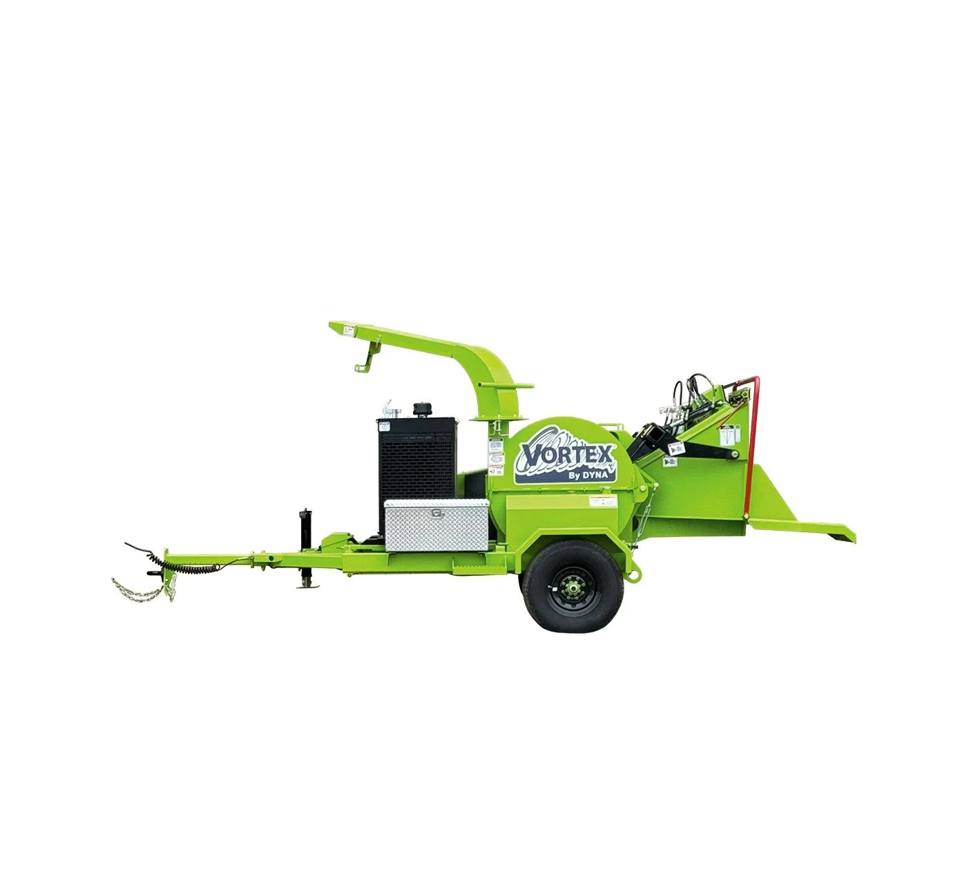 Green industrial wood chipper with branding 'Vortex by Dyna' on the side, featuring a large chute, control panel, and tow hitch for transport.