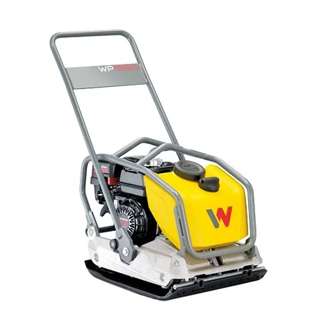 A Wacker Neuson compact roller with a yellow fuel tank and a gray handle
