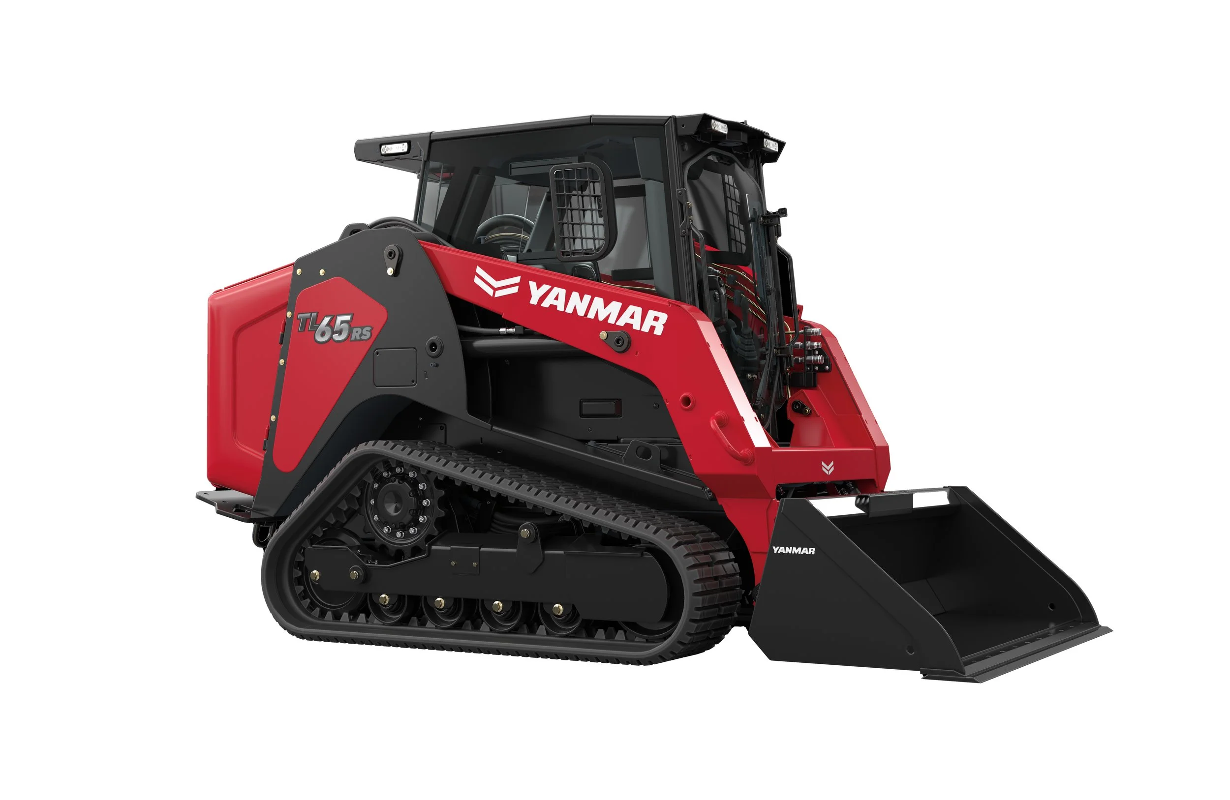 Red and black Yanmar compact track loader with front scoop attachment, labeled with YOANMAR and model TL65RS.