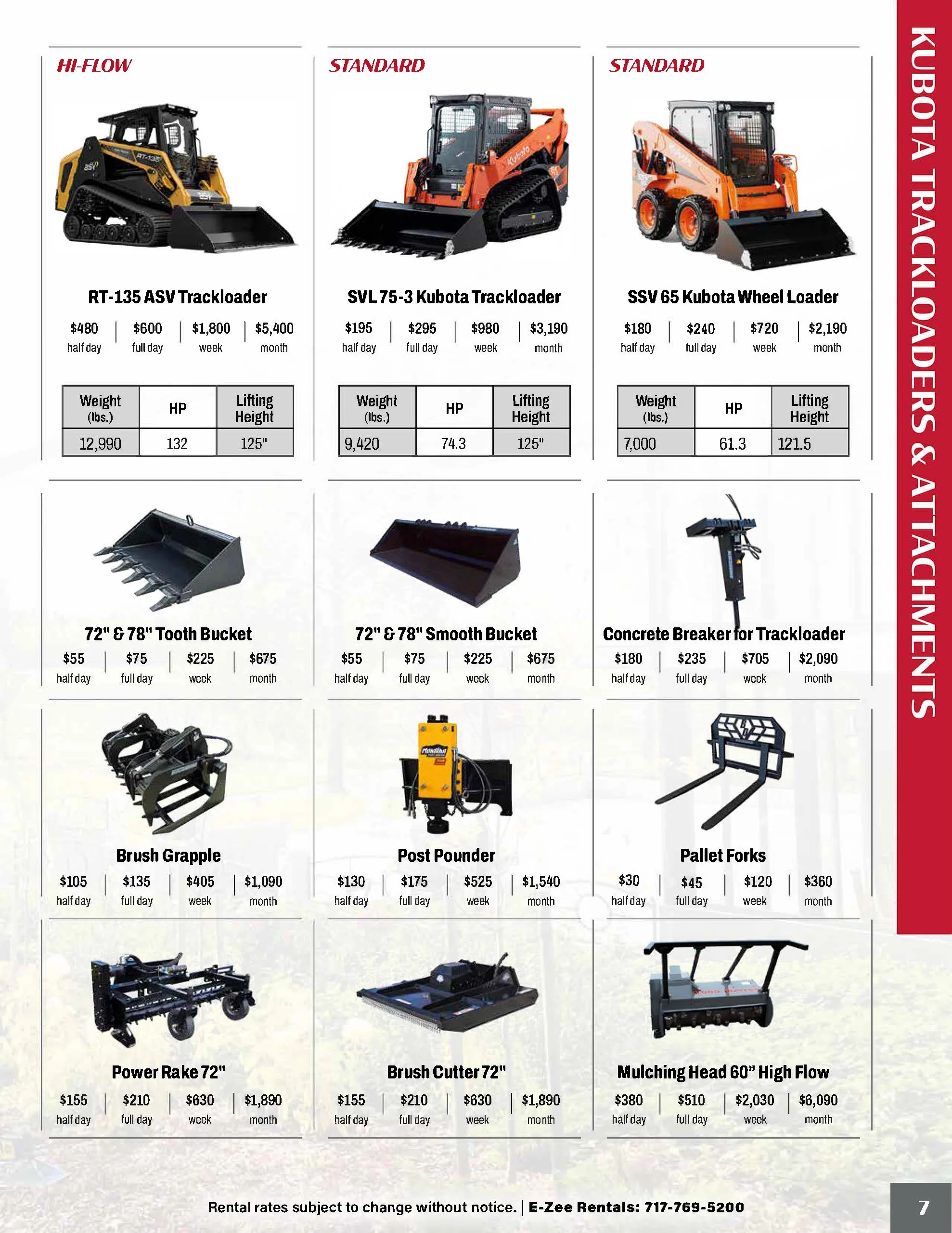 Catalog page showing Kubota track loaders and attachments with rental prices listed for half-day, full-day, weekly, and monthly.