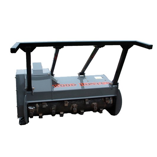 A commercial or industrial lawn roller with a gray metallic body and black handle bars, labeled with a warning sticker.