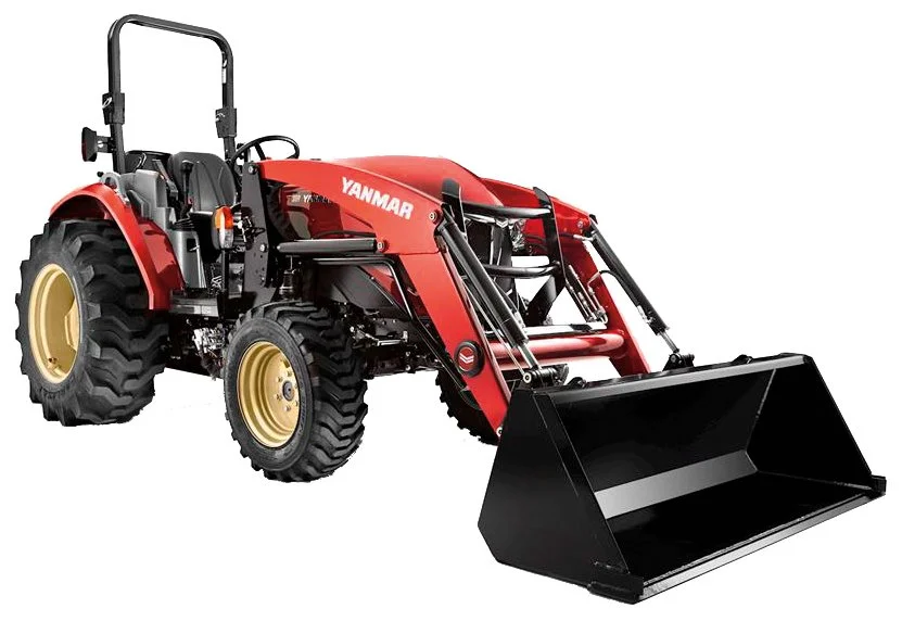 Red Yanmar compact utility tractor with front loader attachment.