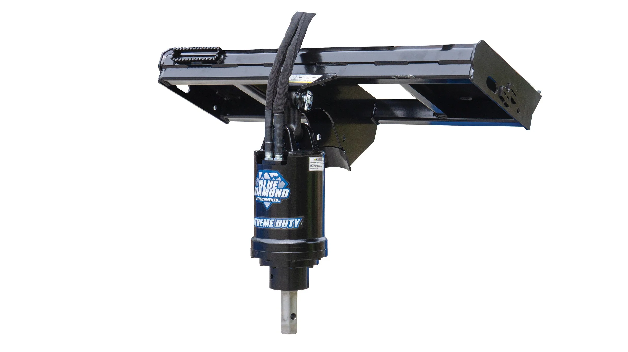 A black hydraulic jack with a blue and white label reading "Blue Diamond" and "Extreme Duty," attached to a metal bar with some cables.