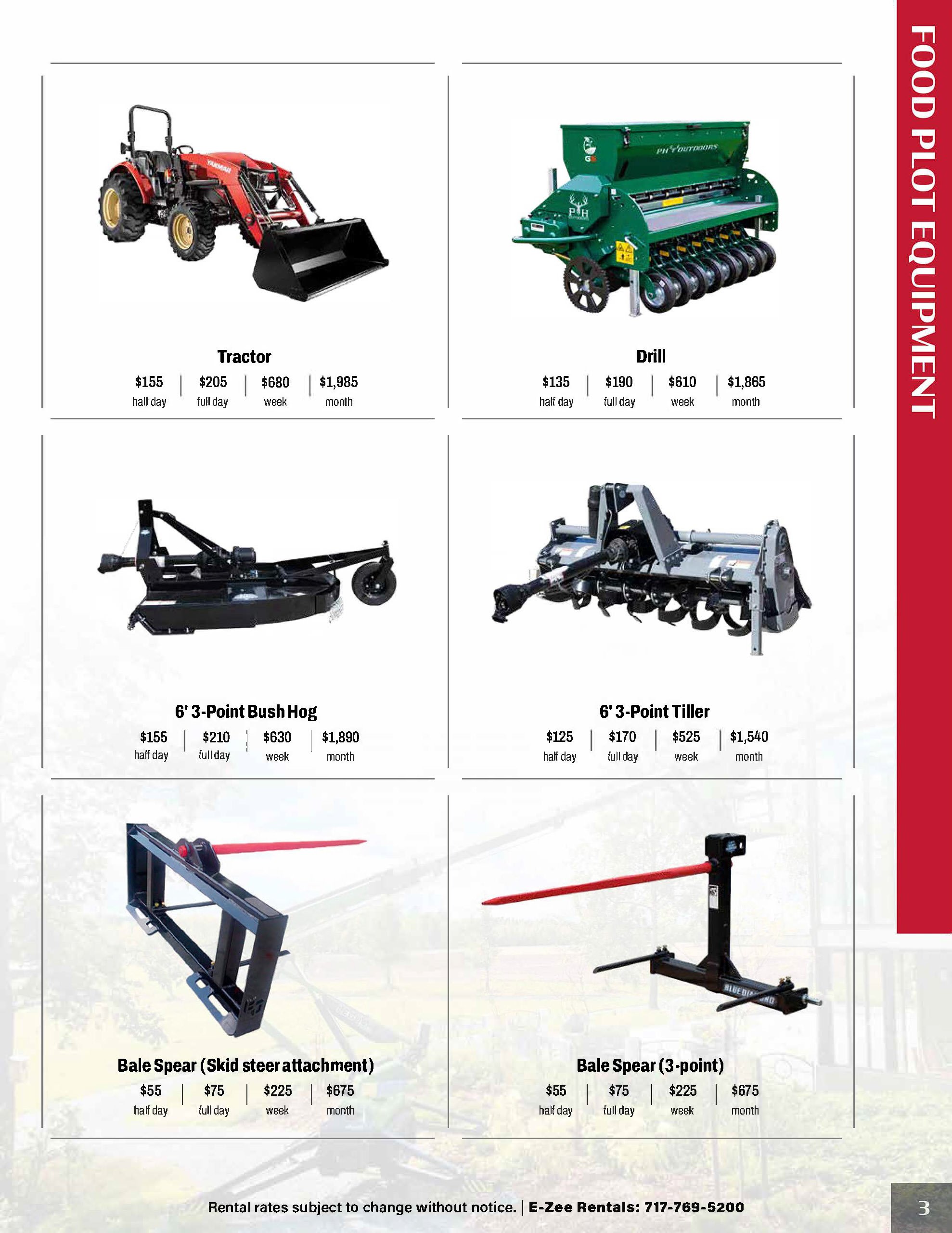 A printed rental catalog page showcasing farming equipment including a tractor, drill, bush hog, tiller, and bale spears, with prices for half day, full day, weekly, and monthly rentals.