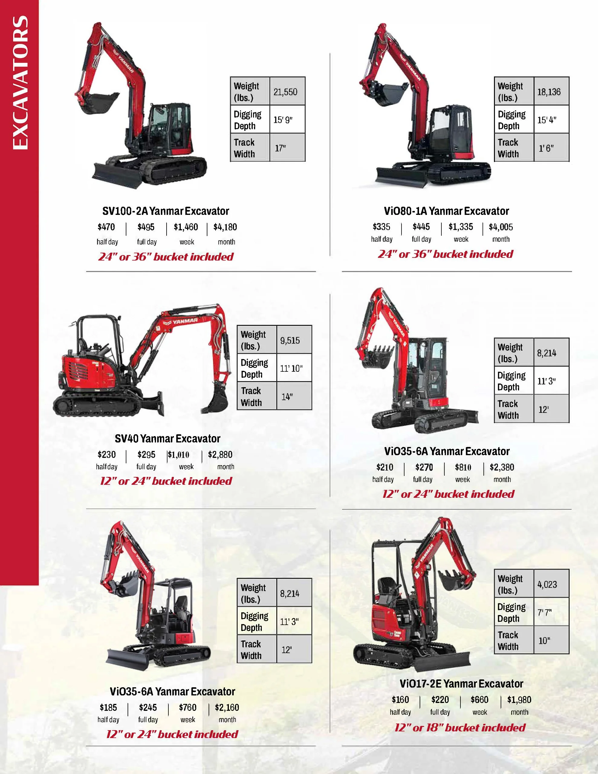 A catalog page displaying six different models of Yanmar excavators with specifications, prices, and options for bucket sizes.