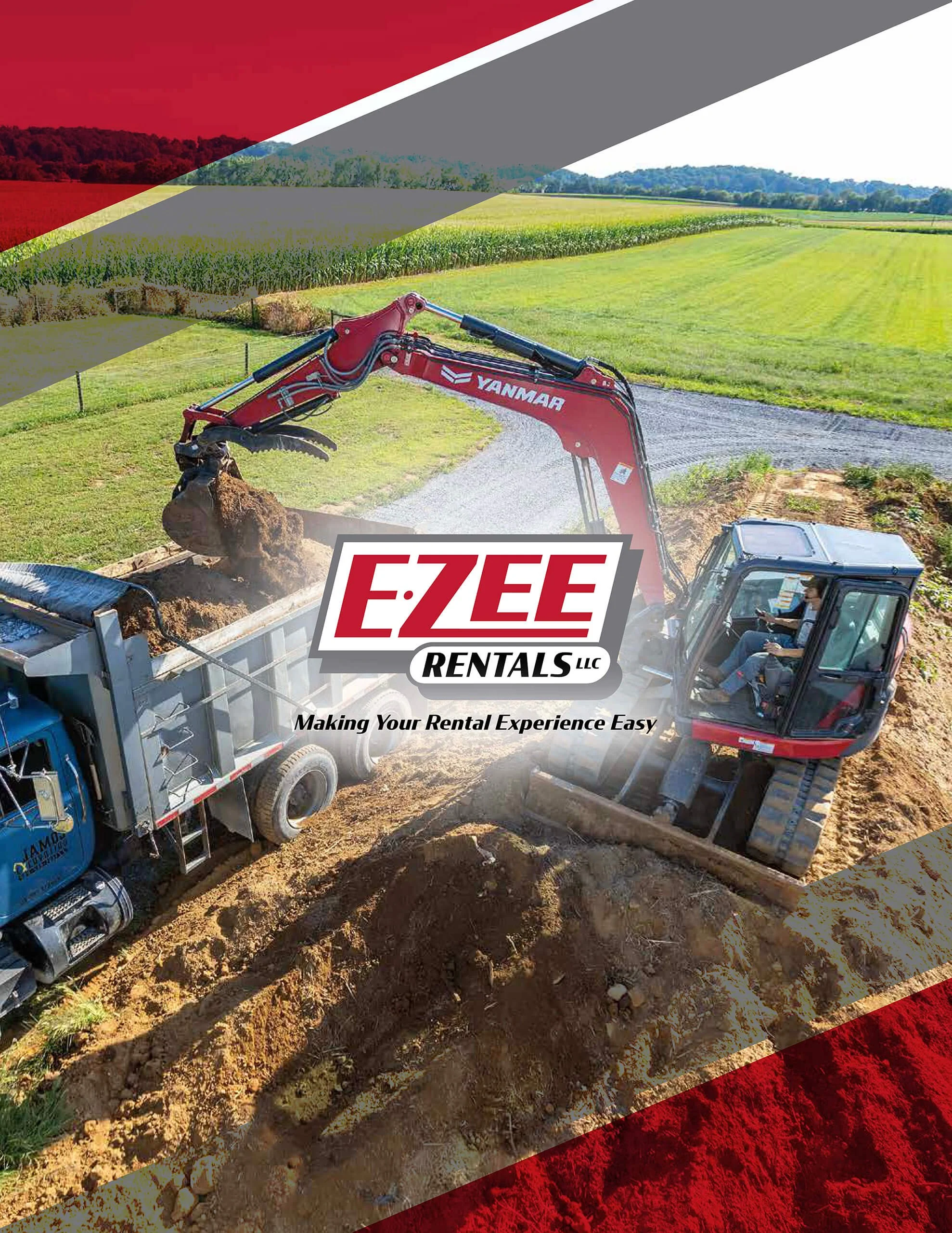 An excavator with a Yanmar logo is loading soil into a dump truck on a construction site in a rural area with fields and trees in the background, overlaid with red, gray, black, yellow, and white geometric design elements.