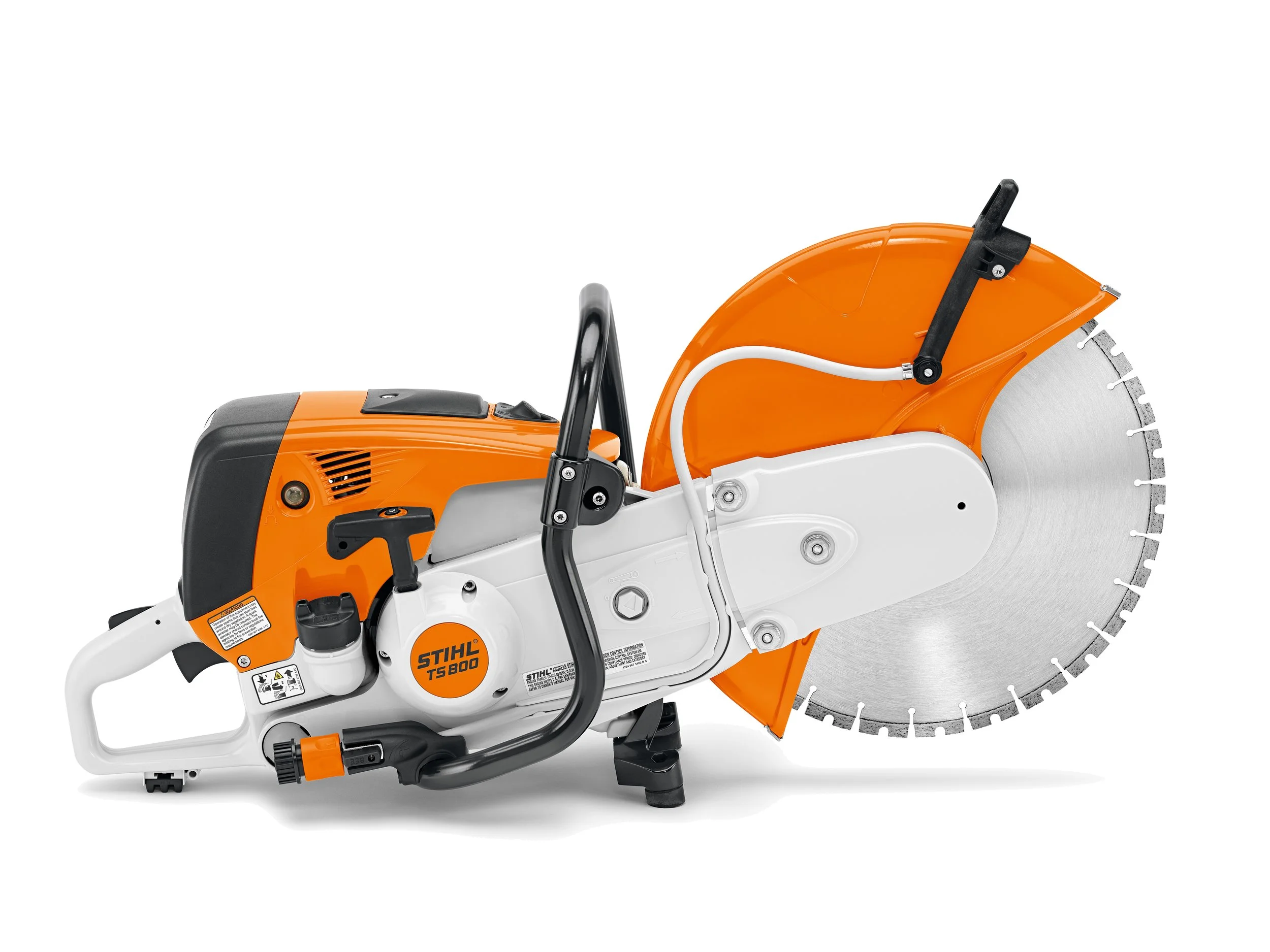 A large, portable, orange and white STIHL TS 800 cut-off saw with a silver circular blade.
