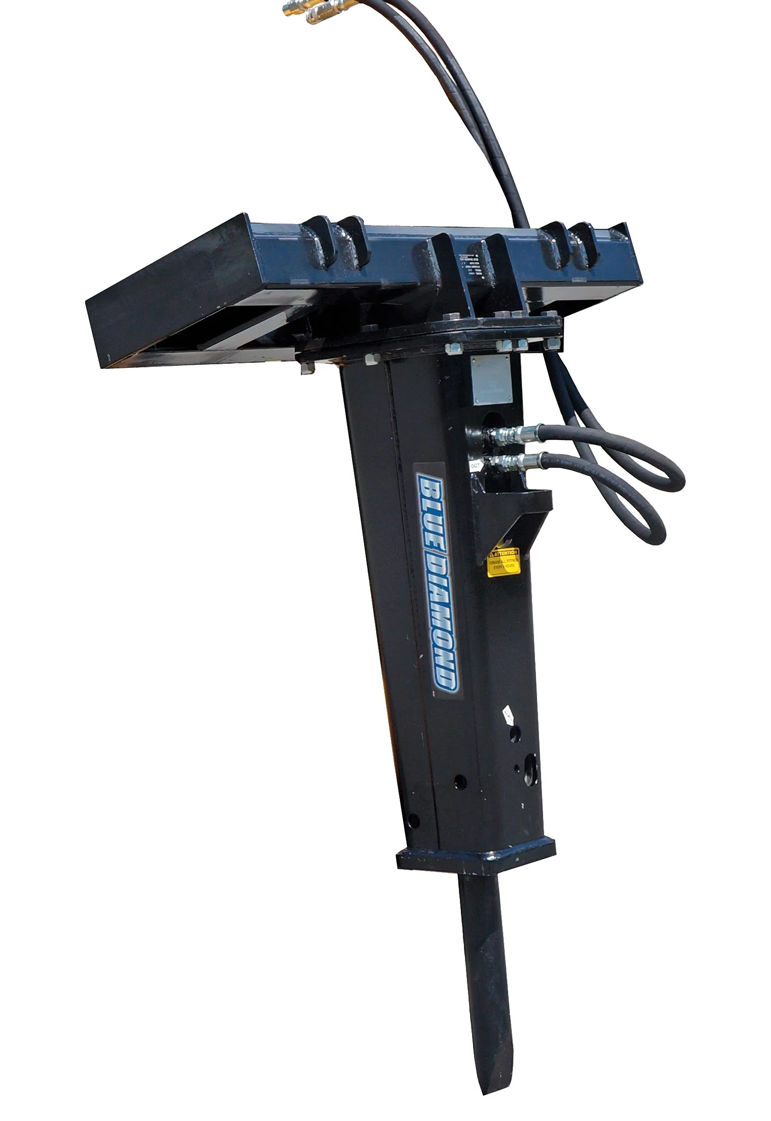 Industrial hydraulic excavator attachment with hydraulic hoses and a black metal arm, labeled 'Blue Diamond'.