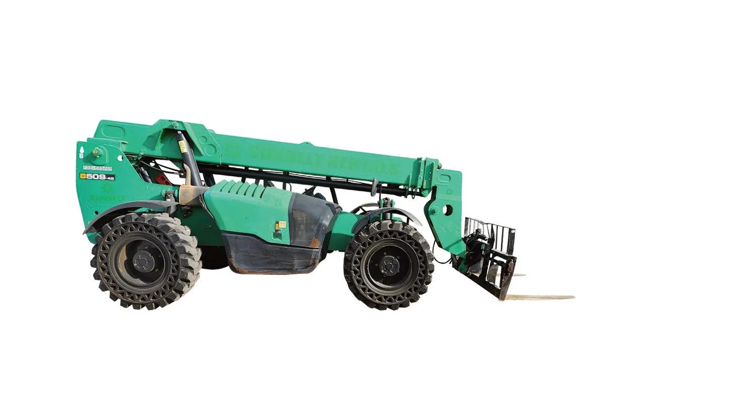 Green telehandler with large black tires and a fork attachment, isolated on a white background.