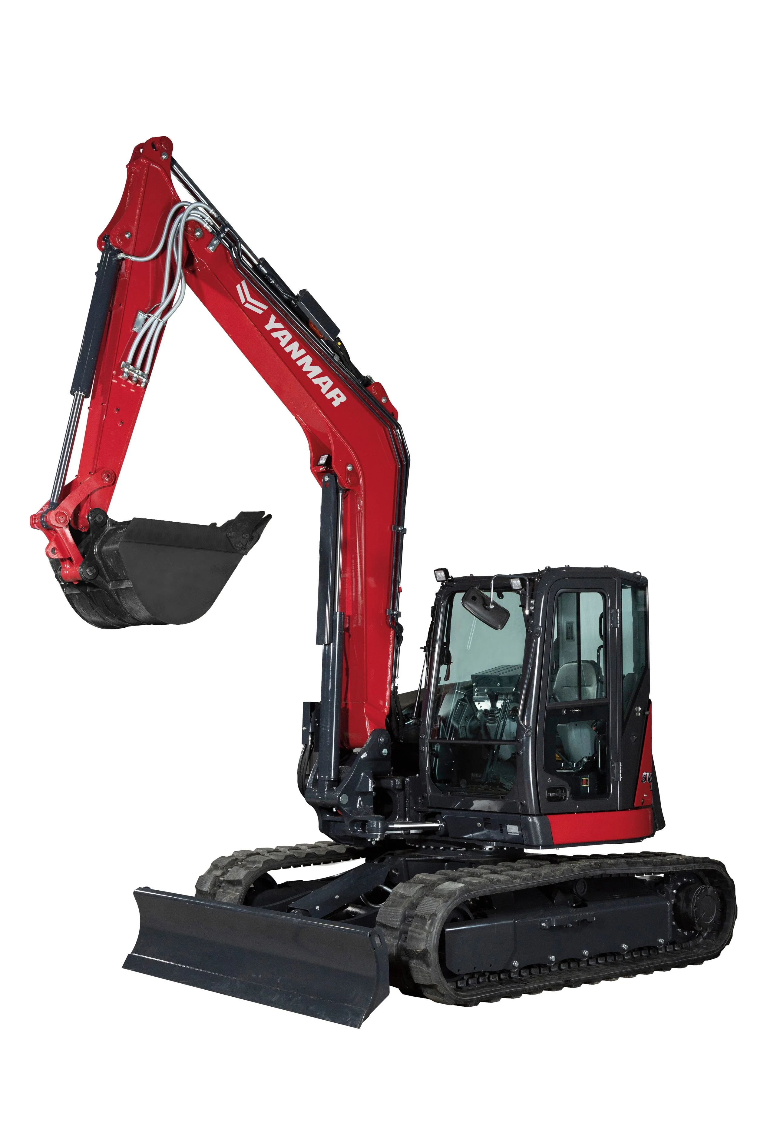 Red and black Yanmar mini excavator with a bucket attachment on a white background.