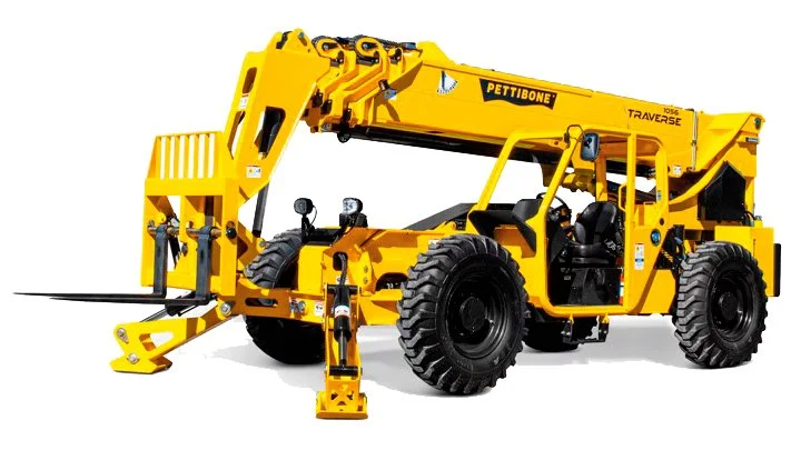 Yellow Pettibone trailing forklift with large black tires and extended boom arm, isolated on white background.